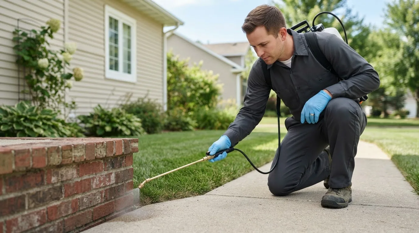 Pest control technician treating a home near Madisonburg, PA