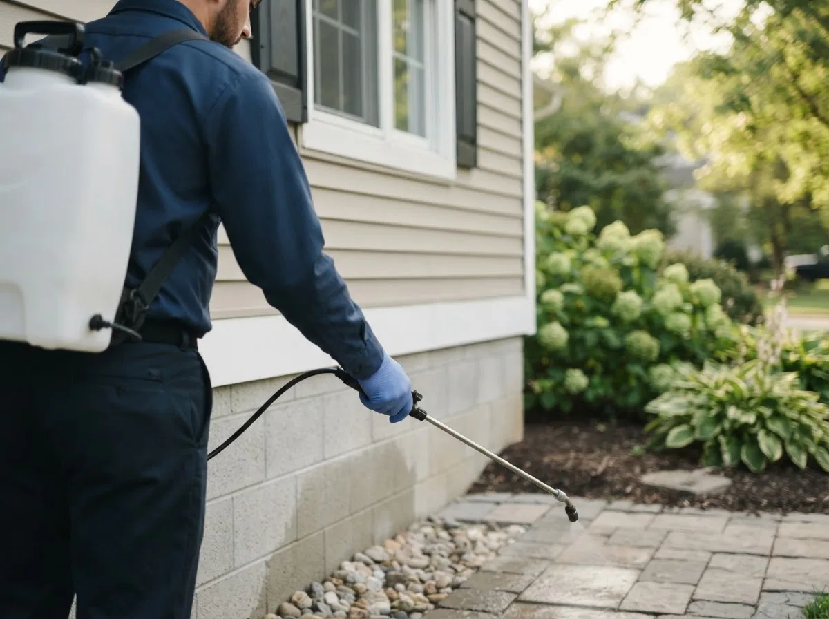 Pest control technician inspecting a home in Madisonburg, PA